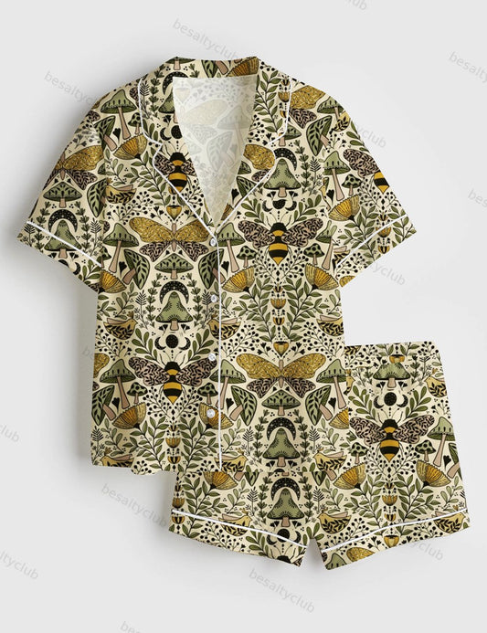 Large Scale Natural Habitat of Bees and Moths Wild Grass And Flowers Short Sleeve Satin Pajama Set