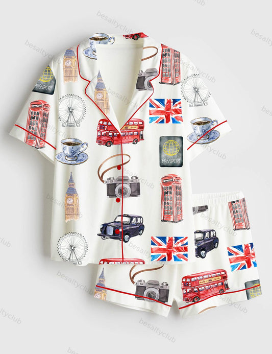 London Travel Short Sleeve Satin Pajama Set