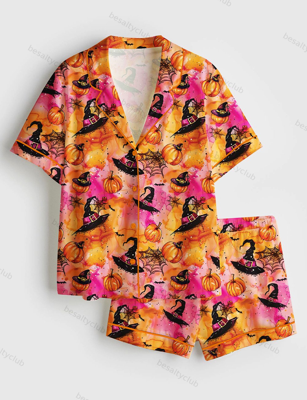 Halloween Witchy Pumpkin Short Sleeve Satin Pajama Set