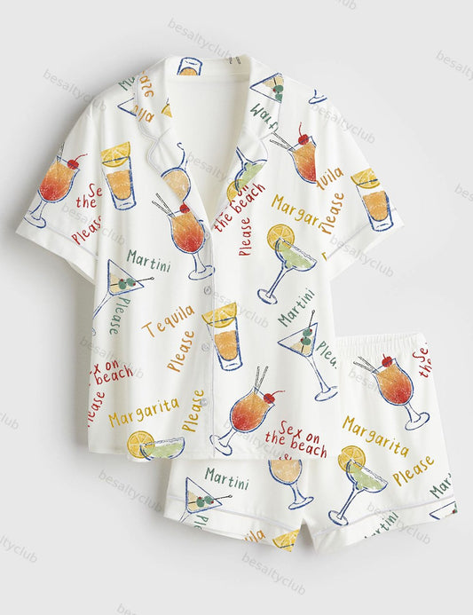 Summer Beach Cocktails Martini Tequila Margarita Please Adult Humor Print Short Sleeve Satin Pajama Set