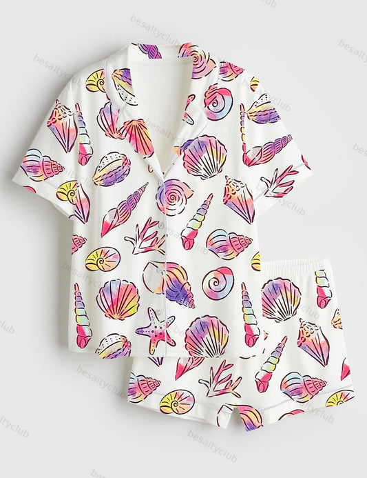 Summer Beach Vibes Seashell Art Short Sleeve Satin Pajama Set