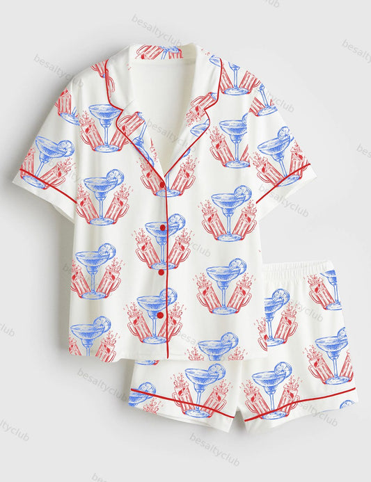 Red White And Boozy Beer Cocktail Club 4th Of July Party Like It's 1776 Short Sleeve Satin Pajama Set