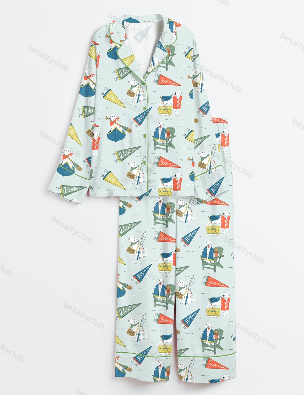 Lake Life Dog Art Lakeside Summer Art Lake House Fishing Camp Canoeing Long Sleeve Satin Pajama Set