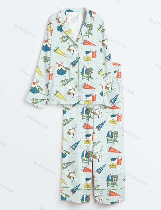 Lake Life Dog Art Lakeside Summer Art Lake House Fishing Camp Canoeing Long Sleeve Satin Pajama Set