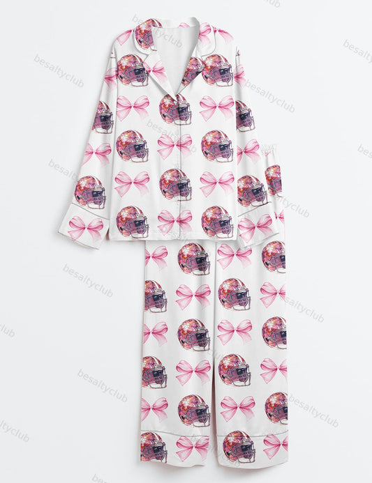 Football Bow Football Mom Game Day Football Season Coquette Long Sleeve Satin Pajama Set