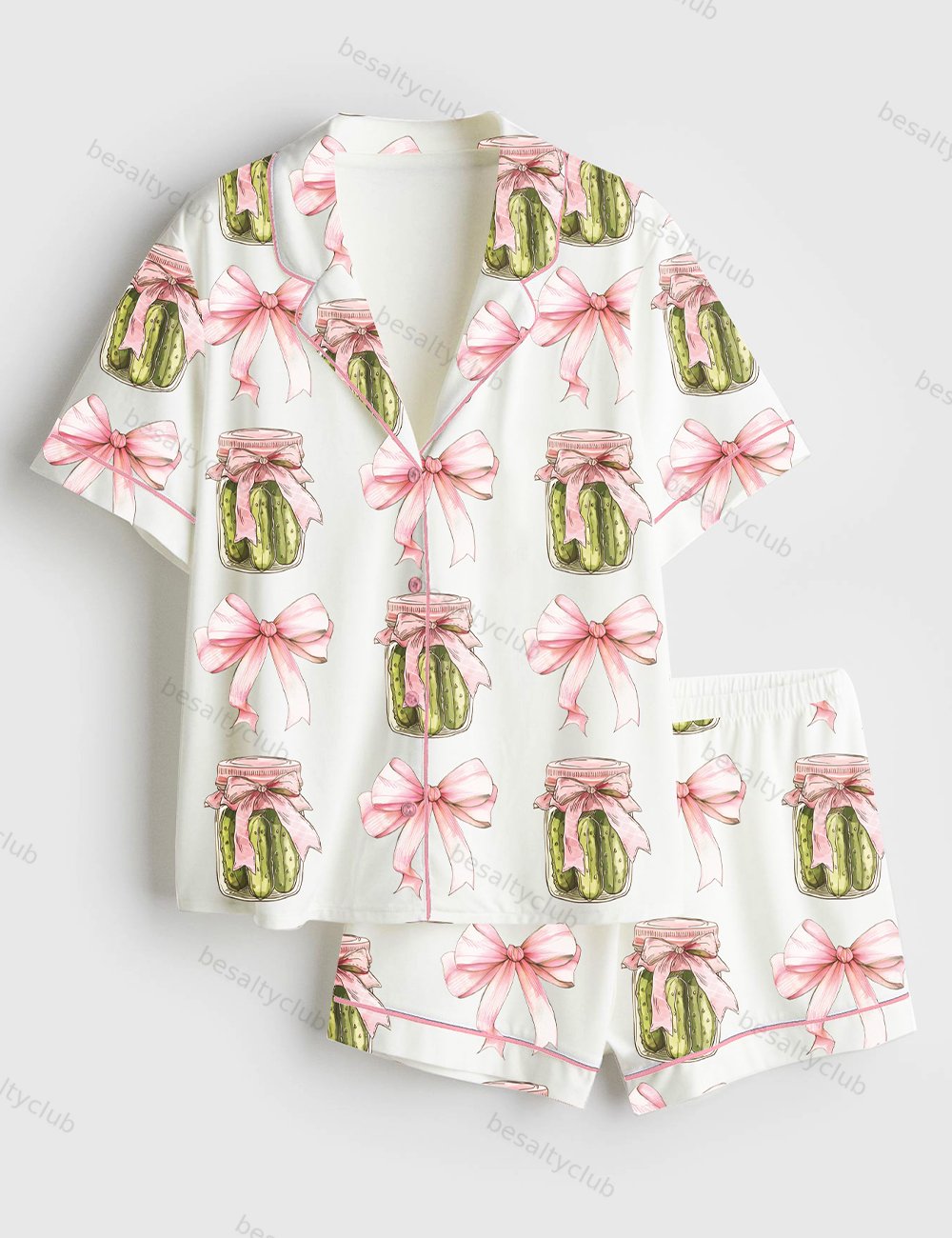 Coquette Pickle Pink Pickle Lover Social Club Short Sleeve Satin Pajama Set