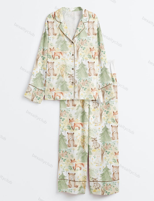 Forest Nursery Nature Woodland Animals Friends Baby Fox, Bear, Squirrel, Raccoon, And Bunny Long Sleeve Satin Pajama Set