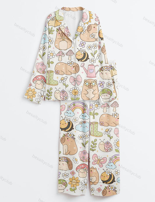 Garden Flower Hippie Capybara Groovy Capybara Nature Long Sleeve Satin Pajama Set