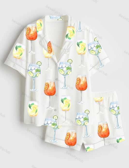 Aperol Spritz Limoncello Hugo Spritz Cocktail Short Sleeve Satin Pajama Set