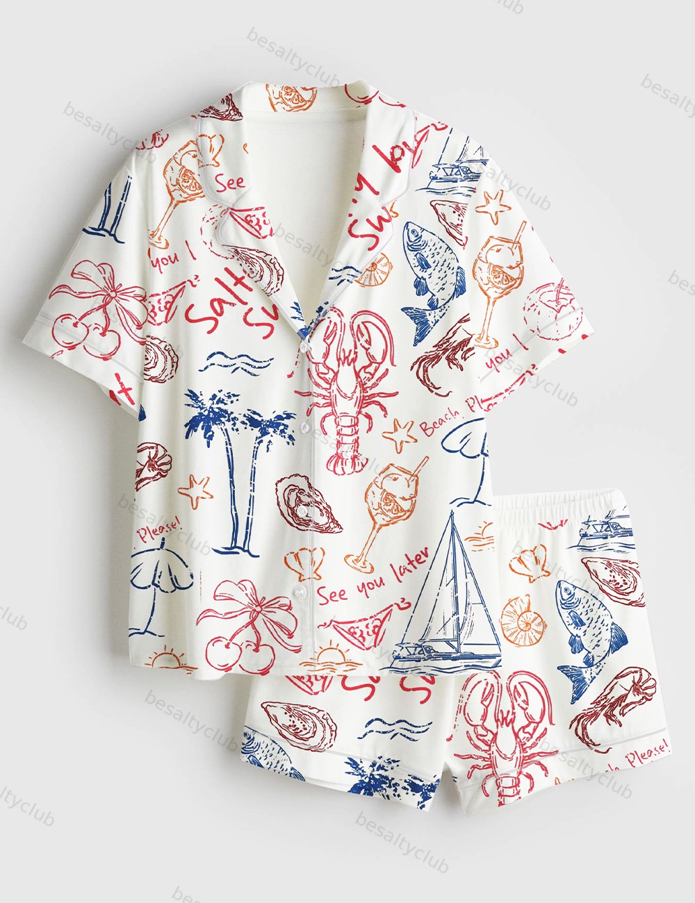 Salty But Sweet Retro Summer Coastal Beach Aesthetic Summer Cocktail Sea Food Lobster Print Short Sleeve Satin Pajama Set