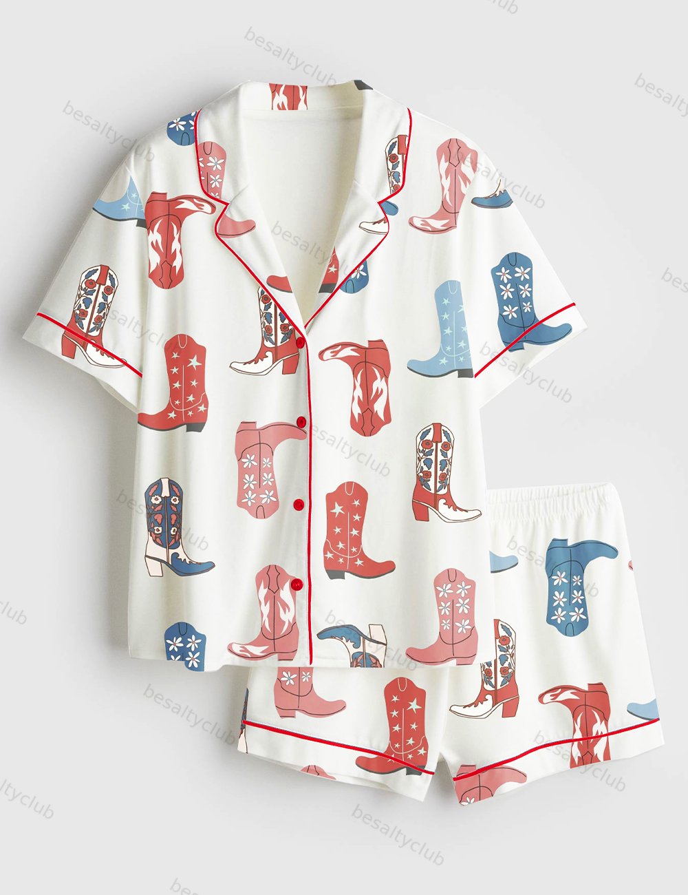 4th Of July Western Cowgirl Boots Short Sleeve Satin Pajama Set