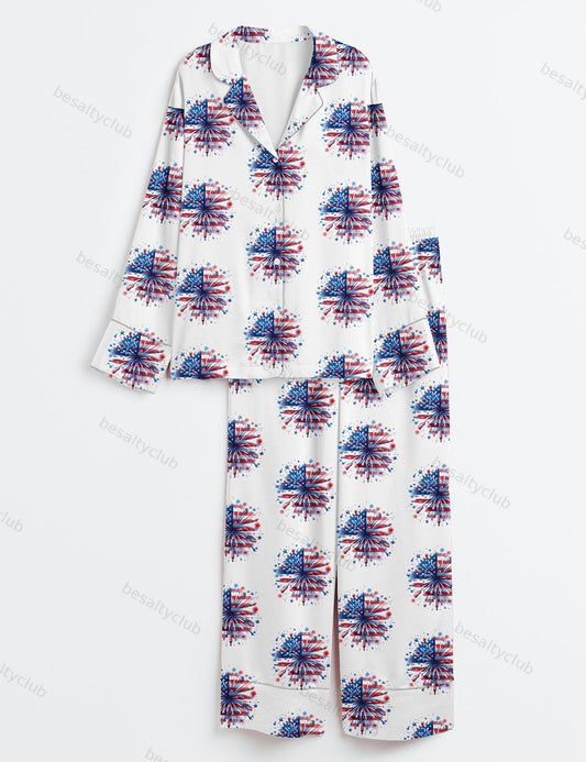 USA Firework Women 4th Of July Independence Day America Red White Blue Patriotic Print Long Sleeve Satin Pajama Set