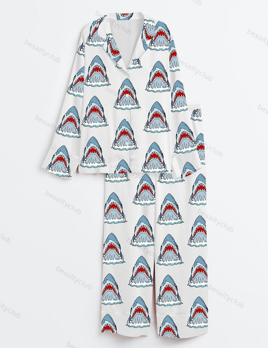 Women's Retro Shark Movie Long Sleeve Satin Pajama Set