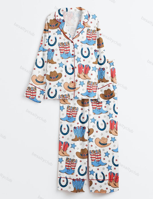 Fourth Of July Red White Blue USA Flag America Western Cowboy Boots Patriotic Cowboy Long Sleeve Satin Pajama Set