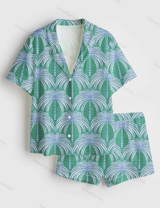 Palm Trees Green Springs Palm Summer Beach Layered Palm Print Short Sleeve Satin Pajama Set