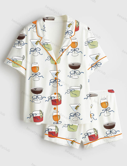 Cocktail Glass With Bow Hand Drawn Whimsical Dirty Martini Spritz  Negroni Margarita Icon Clip Art Short Sleeve Satin Pajama Set