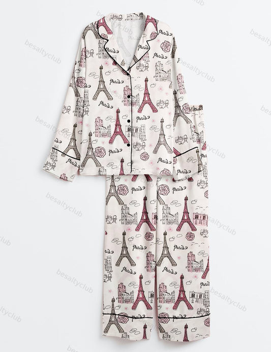 Girls Trip Paris Vacation Travel Long Sleeve Satin Pajama Set