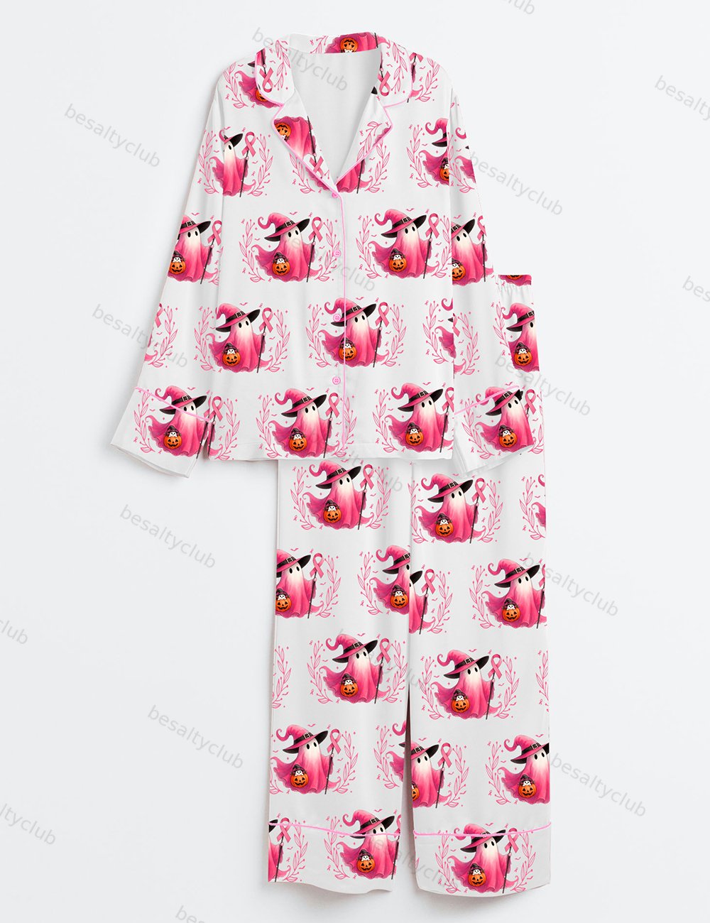 In October We Wear Pink Breast Cancer Awareness Long Sleeve Satin Pajama Set