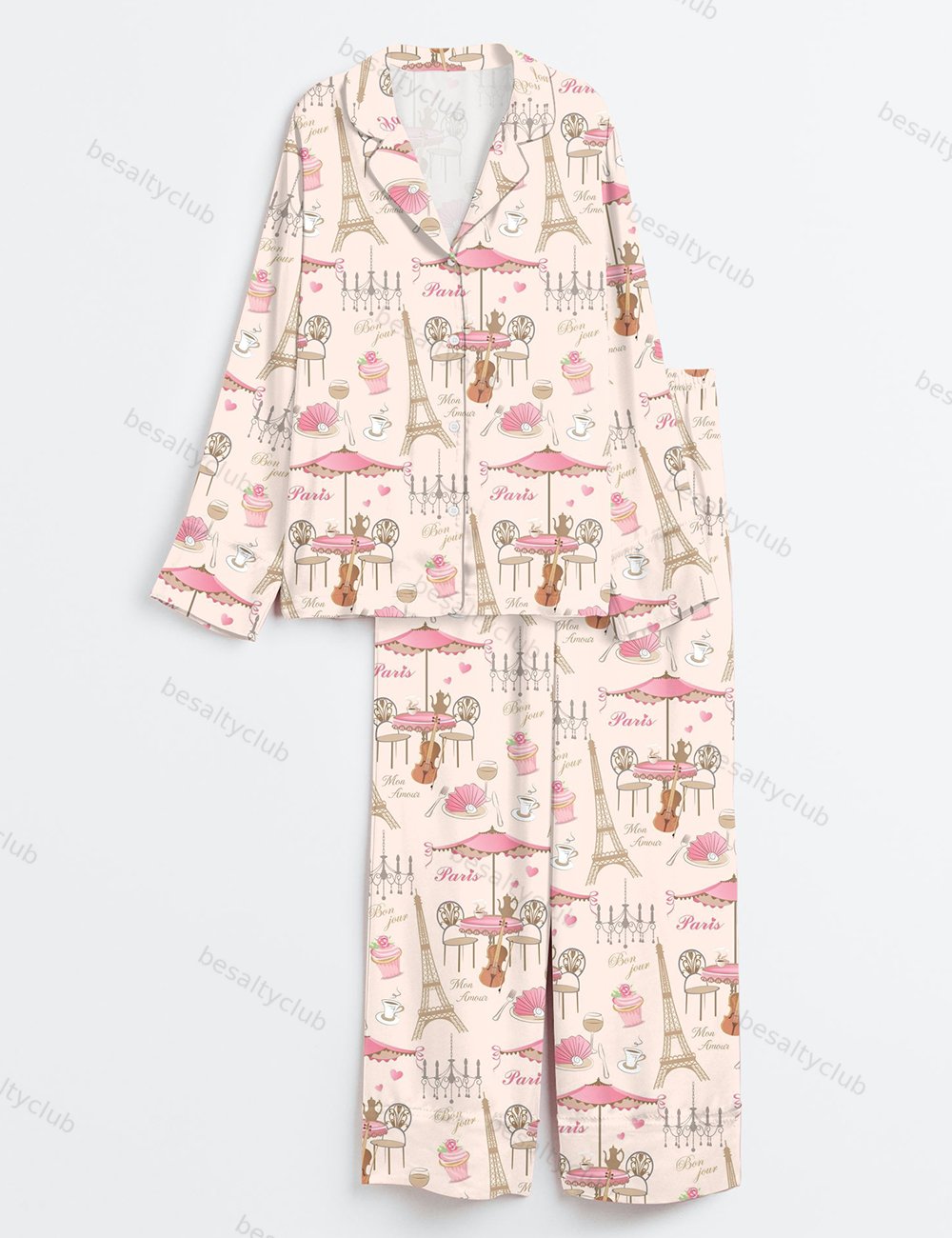 Bonjour Paris Eiffel Tower Travel To France Sister Party Coffee Long Sleeve Satin Pajama Set