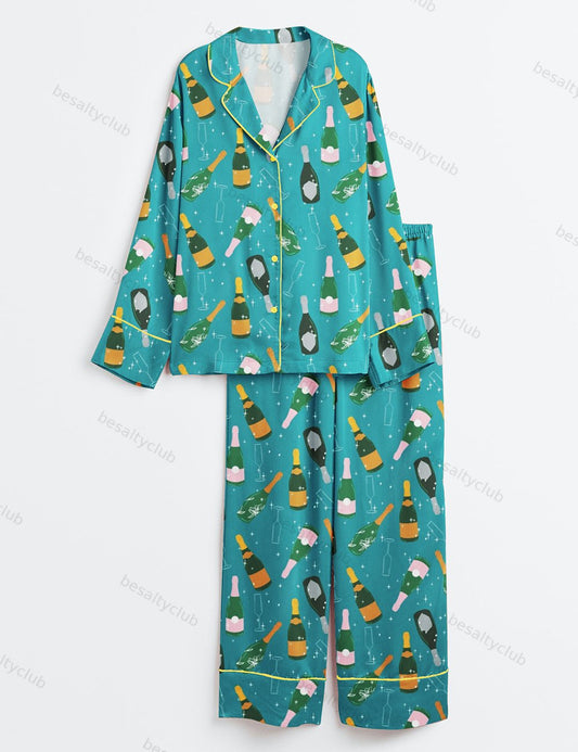 Champagne Bottle Party Long Sleeve Satin Pajama Set