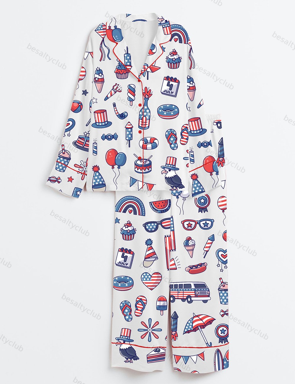Stars And Stripes 4th Of July Independence Day Patriotic Illustration Long Sleeve Satin Pajama Set