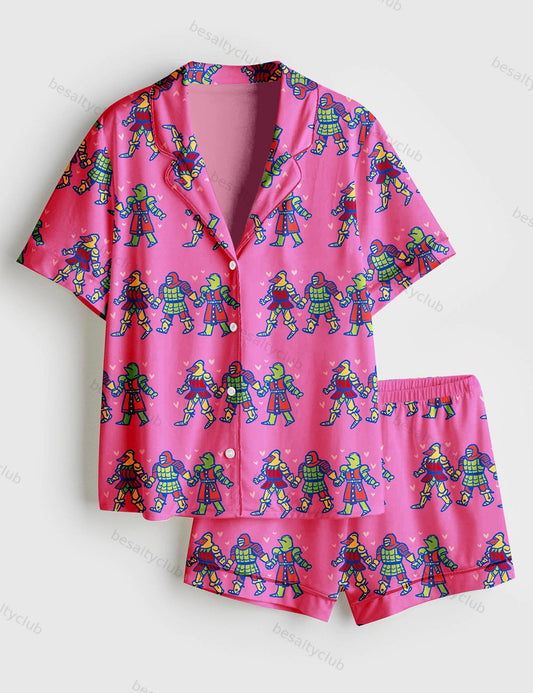 Girls Knight Party Gatherings And Celebrations Bachelorette Print Short Sleeve Satin Pajama Set