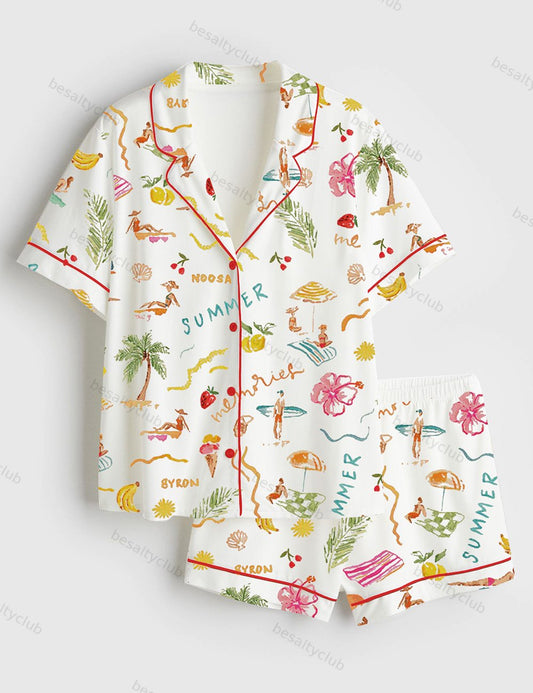 Summer Memories Fruity Cocktails Tropical Trees Sandy Beaches Short Sleeve Satin Pajama Set