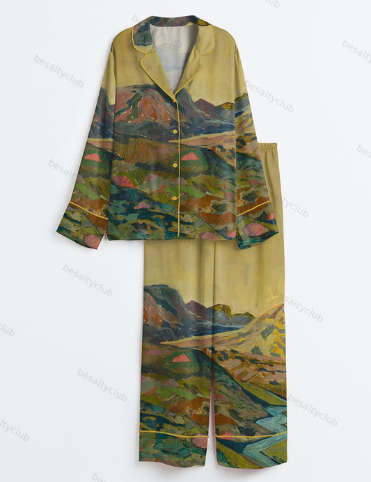 Midcentury Modern Western Landscape Vintage California Colorado Print Long Sleeve Satin Pajama Set