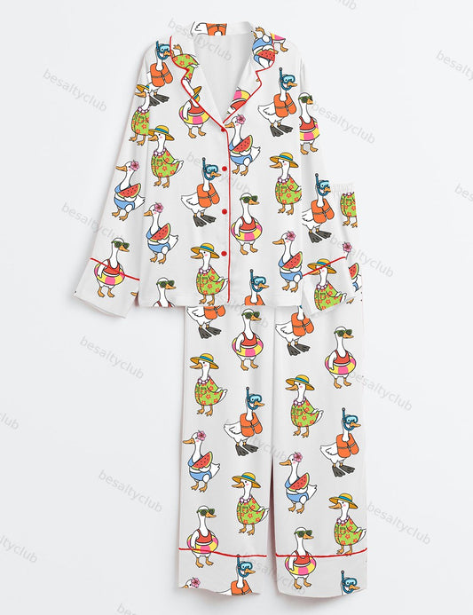 Just A Silly Goose Summer Cute Retro Goose Print Long Sleeve Satin Pajama Set