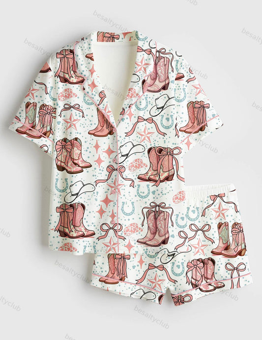 Coquette Cowgirl Boots And Bows Western Short Sleeve Satin Pajama Set