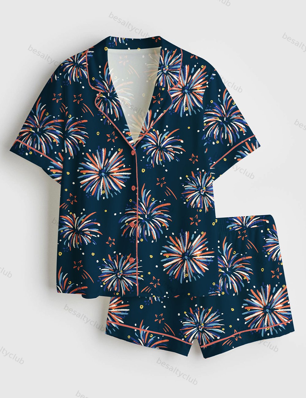4th Of July Fireworks Patriotic Party Short Sleeve Satin Pajama Set