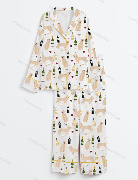 Golden Retriever And Wine Long Sleeve Satin Pajama Set