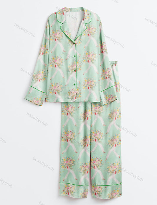 Slim Lady Holding A Big Bouquet Of Colorful Flowers Long Sleeve Satin Pajama Set