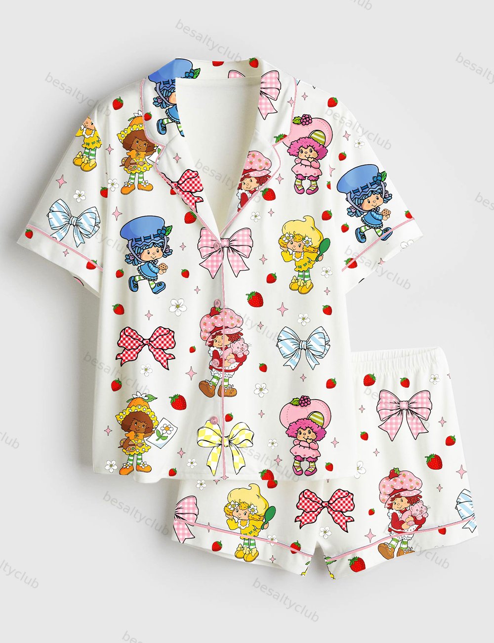 Strawberry Coquette Bow Berry Sweet Girl Cartoon Short Sleeve Satin Pajama Set