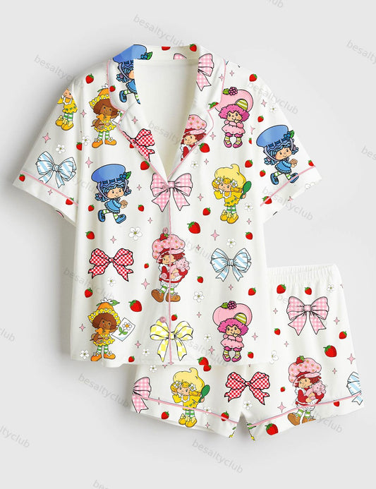 Strawberry Coquette Bow Berry Sweet Girl Cartoon Short Sleeve Satin Pajama Set