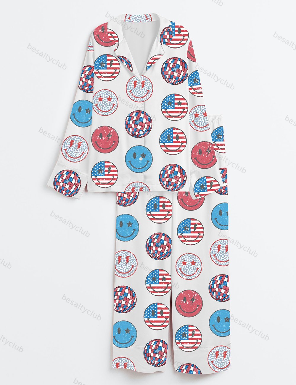 Patriotic Stars Stripes USA Flag 4th Of July American Flag Independence Day Red White Blue Smile Face Long Sleeve Satin Pajama Set