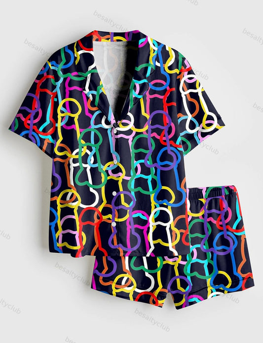 LGBTQ Gay Pride Rainbow Funny Graffiti Penis Line Art Print Short Sleeve Satin Pajama Set
