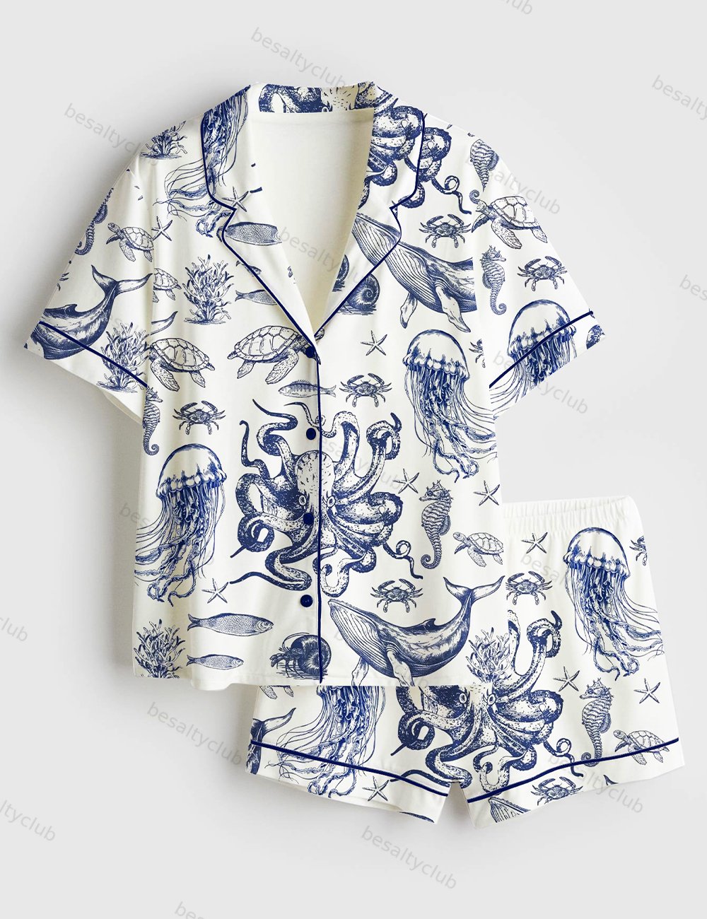 When You Go Through Deep Waters Christian Ocean Animal Print Short Sleeve Satin Pajama Set