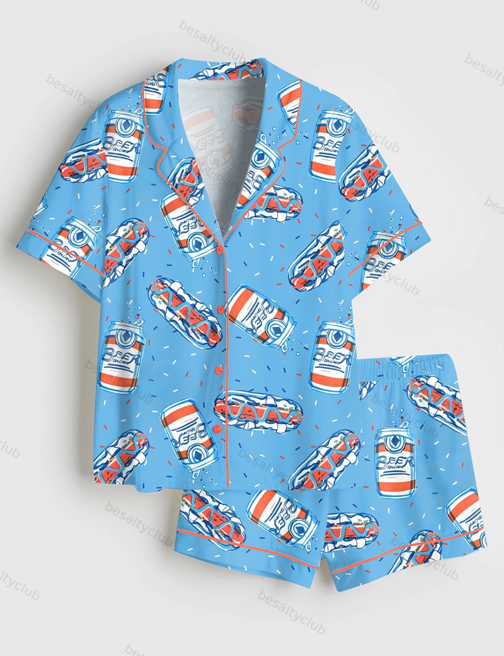 Retro 4th Of July Hotdog Beer Soda Short Sleeve Satin Pajama Set