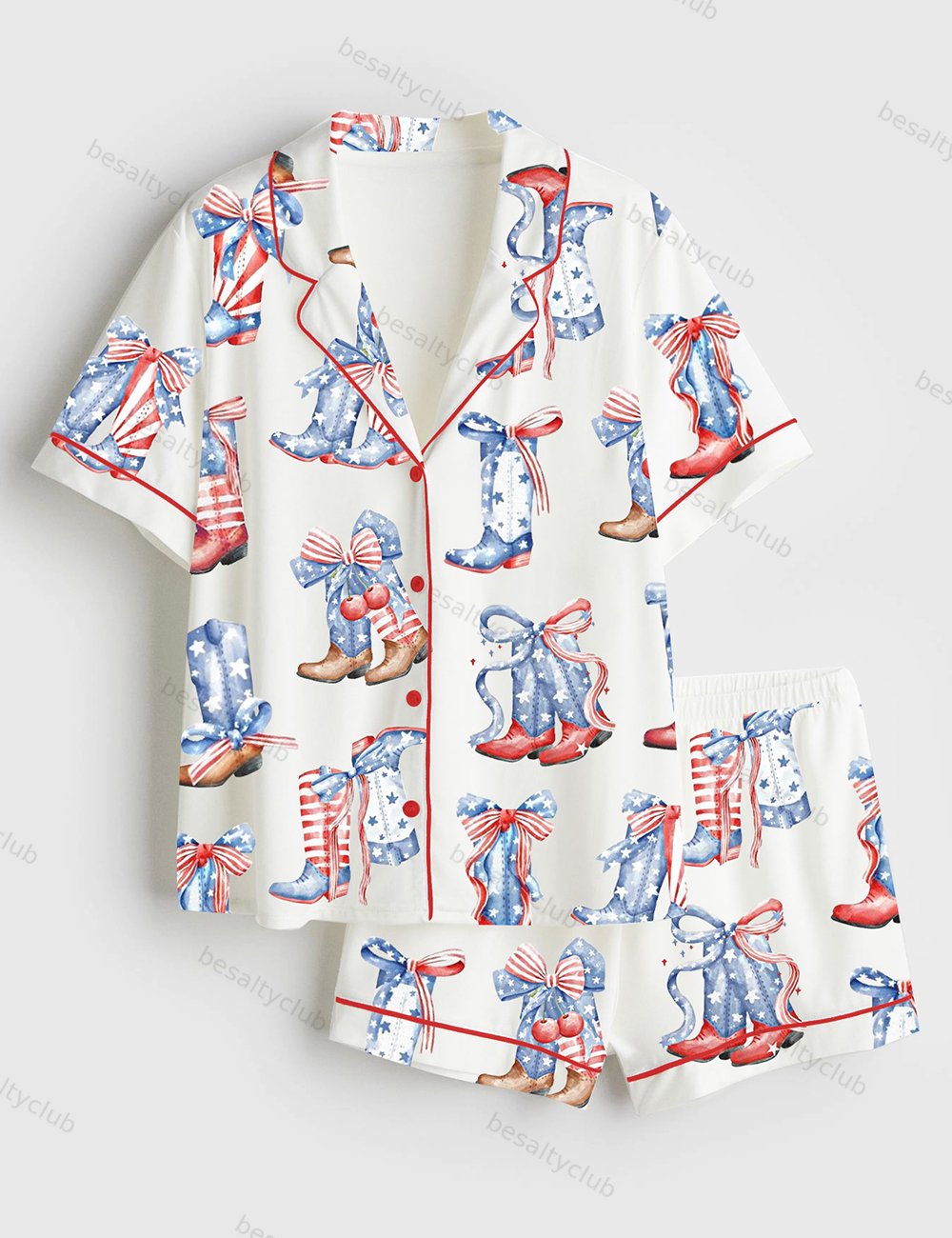 Western American Girl Boots Coquette Boots 4th Of July  Short Sleeve Satin Pajama Set