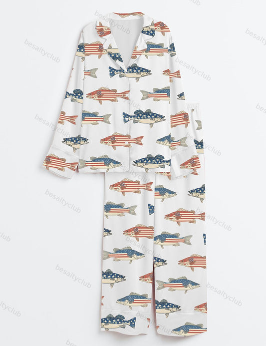 Patriotic Bass Fishing 4th Of July American Flag Independence Day Long Sleeve Satin Pajama Set