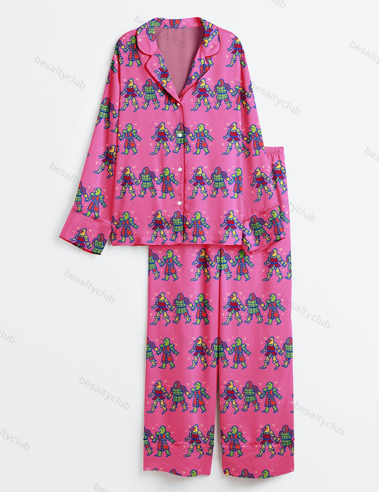 Girls Knight Party Gatherings And Celebrations Bachelorette Print Long Sleeve Satin Pajama Set