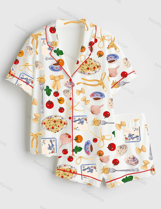 Tomato Pasta Funny Food Short Sleeve Satin Pajama Set