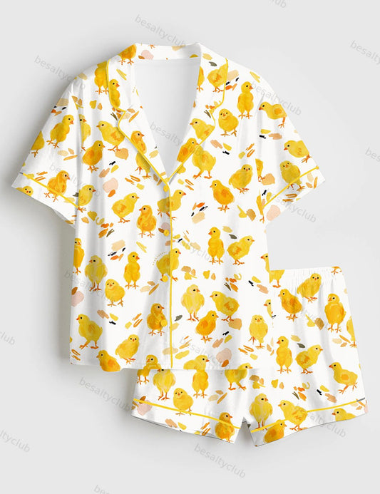 Baby Chickens Cute Animals Short Sleeve Satin Pajama Set