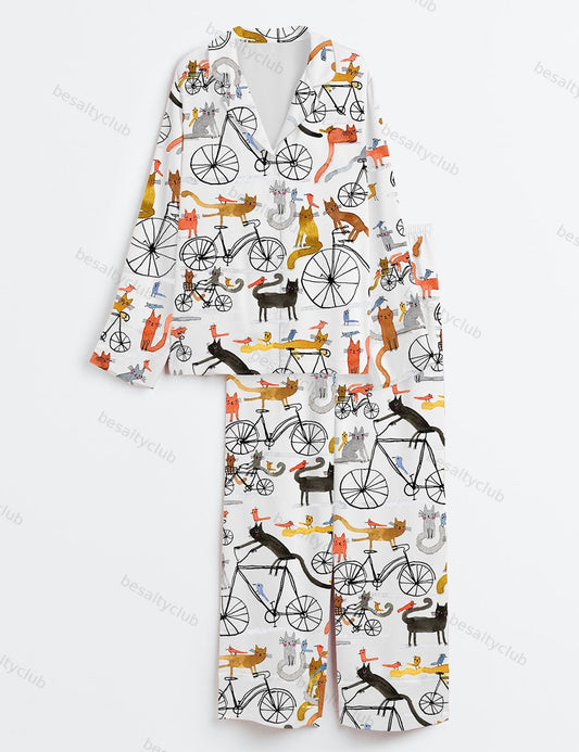 Cat Birds Cycling Bicycle Bike Drawing Cute Animals Long Sleeve Satin Pajama Set