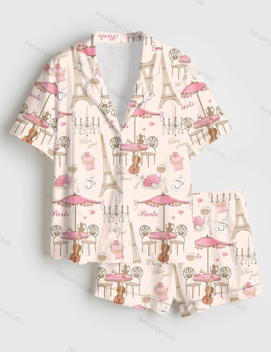 Bonjour Paris Eiffel Tower Travel To France Sister Party Coffee Short Sleeve Satin Pajama Set