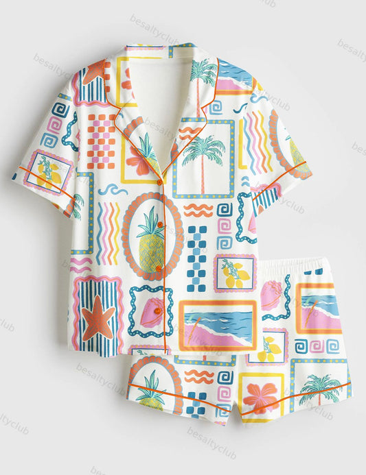 Trendy Beach Patchwork Summer Seashells Girly Summer Print Short Sleeve Satin Pajama Set