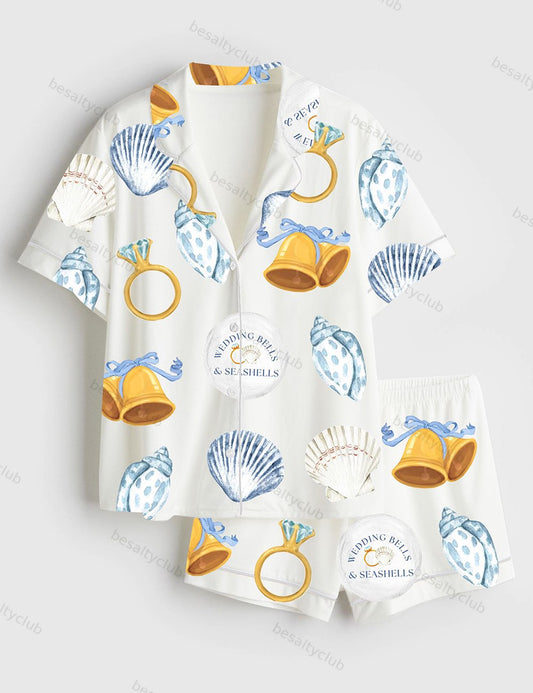 Wedding Bells & Seashells Coastal Blue Bachelorette Nautical Beach Wedding Print Short Sleeve Satin Pajama Set