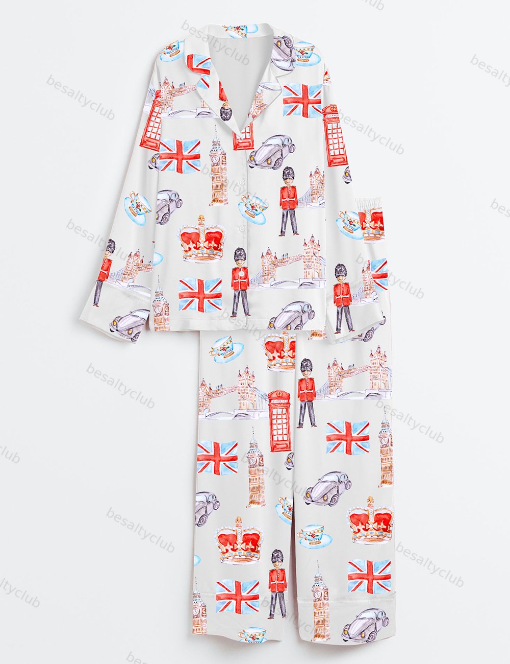 London Travel Watercolor England United Kingdom Landmarks England Cityscape Print Long Sleeve Satin Pajama Set
