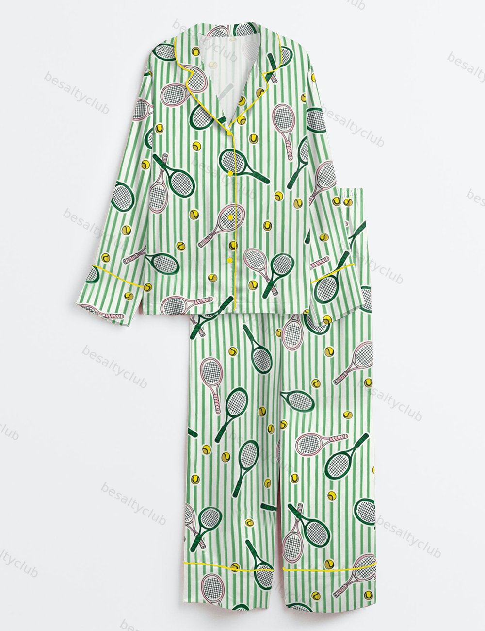 Let's Play Tennis Green and Pink Long Sleeve Satin Pajama Set